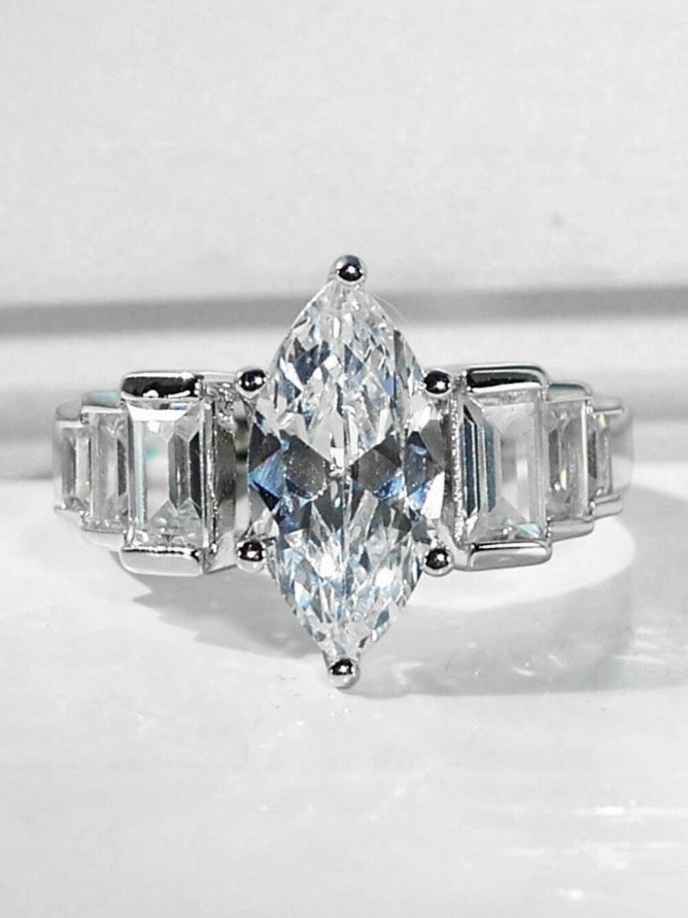 925 STERLING SILVER Marquise & Baguette Cubic Zirconia Ring - Picture 1 of 16